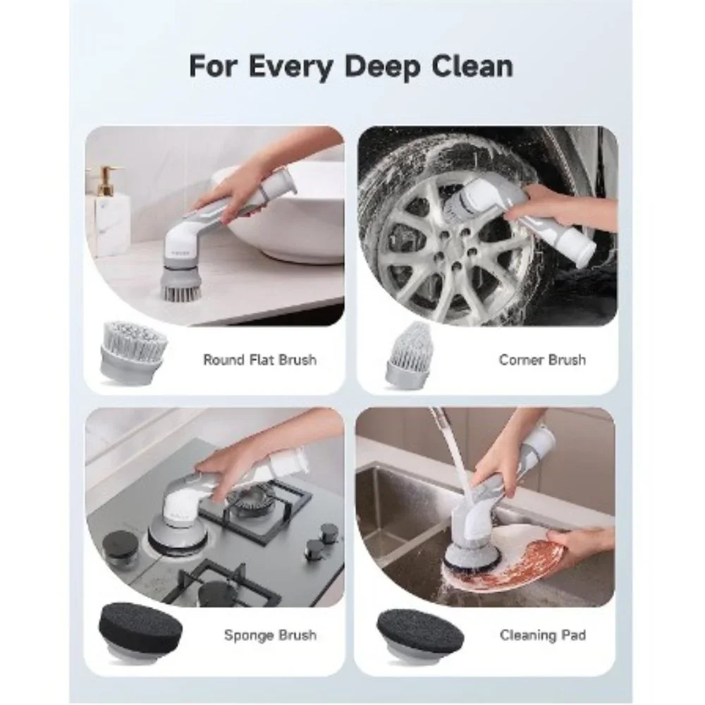 Cordless Electric Spin Scrubber - 2 Speeds - 4 Replaceable Brush Heads - IPX7